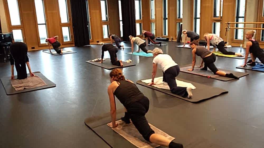 groep doet aan pilates op matjes in studio